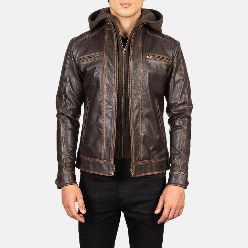 Mens Hector Vintage Brown Hooded Leather Biker Jacket Open Front-4-1634133098981